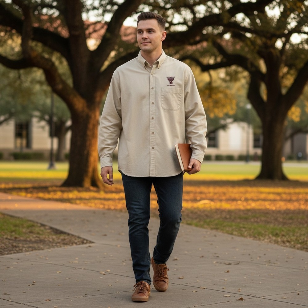 Vintage Lands' End Texas A&M University Dress Shirt Mens XL 17-17.5 Beige Sports